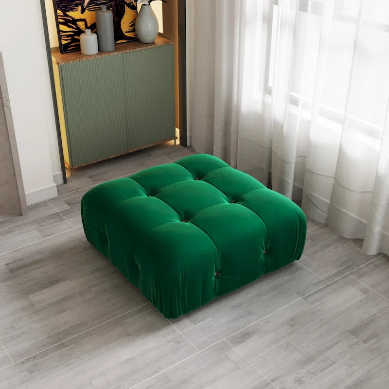 Pouf carré en velours – Beige / Noir / Vert / Orange, bois massif et ressorts, minimaliste, 1 à 2 places