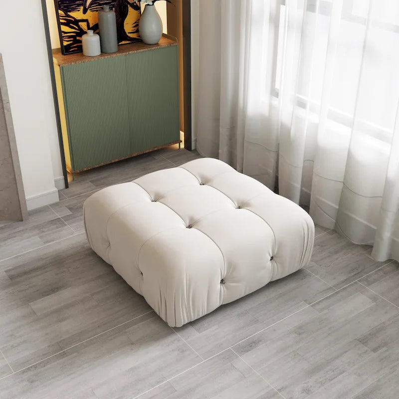 Pouf carré en velours – Beige / Noir / Vert / Orange, bois massif et ressorts, minimaliste, 1 à 2 places