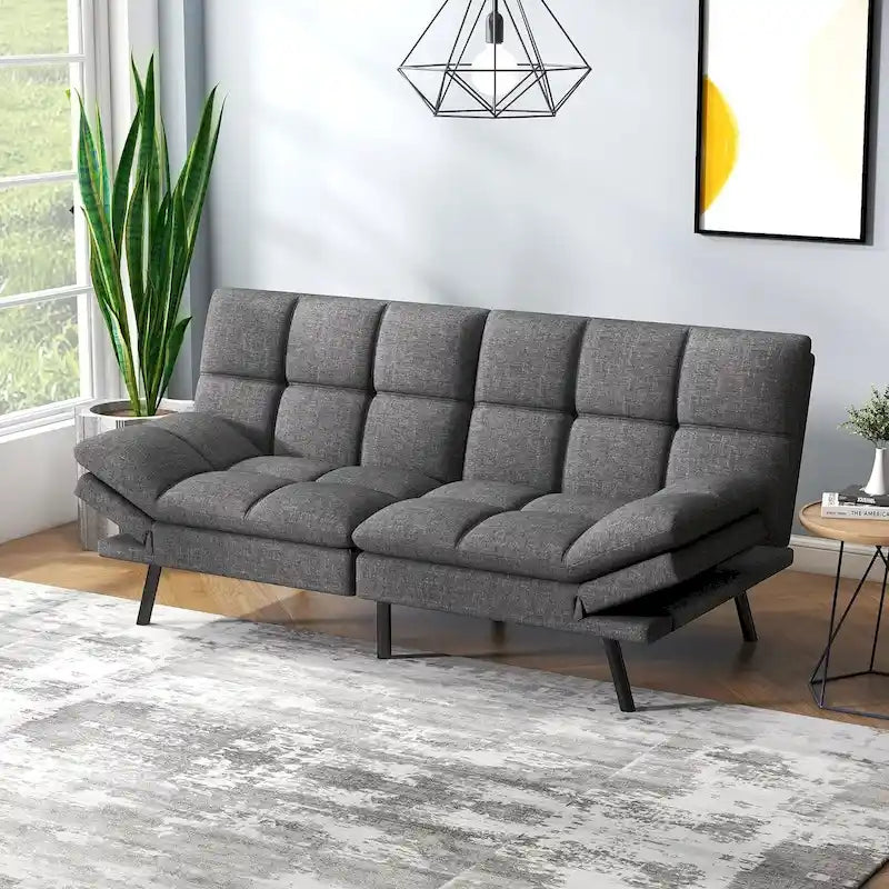 Canapé-lit futon en polyester gris noir/foncé/tissu avec accoudoirs réglables pour 2 personnes