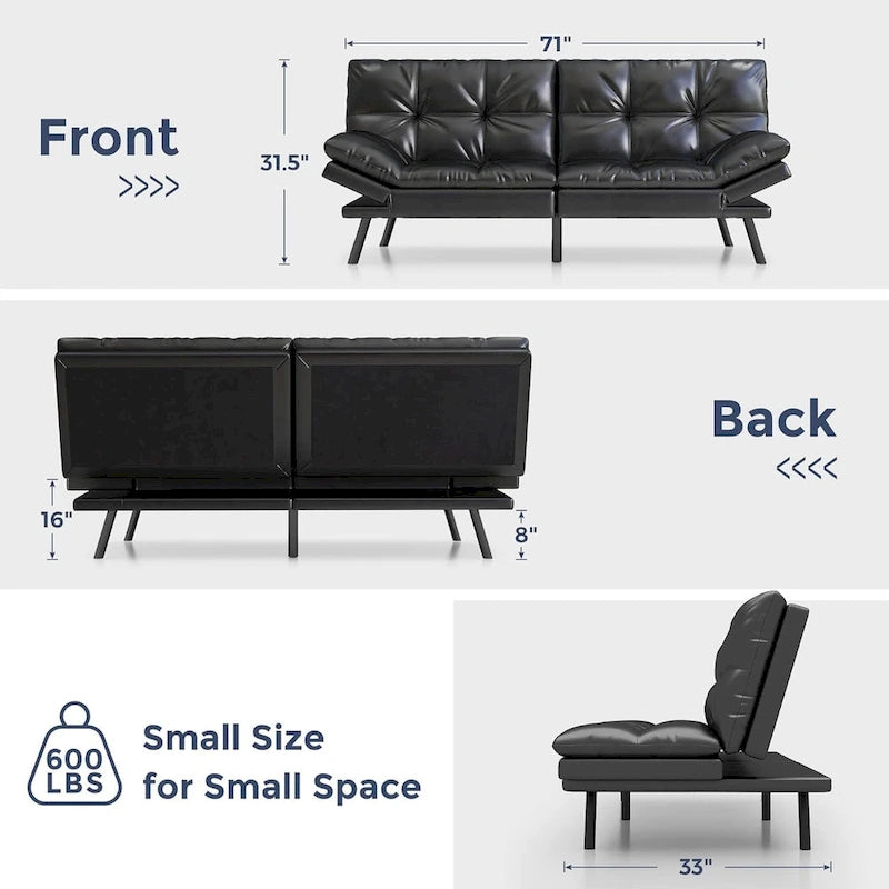 Canapé-lit futon en polyester gris noir/foncé/tissu avec accoudoirs réglables pour 2 personnes