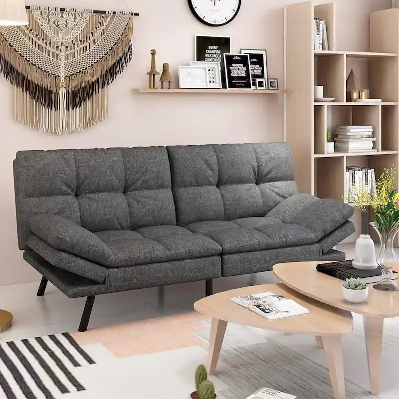 Canapé-lit futon en polyester gris noir/foncé/tissu avec accoudoirs réglables pour 2 personnes