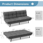 Canapé-lit futon en polyester gris noir/foncé/tissu avec accoudoirs réglables pour 2 personnes