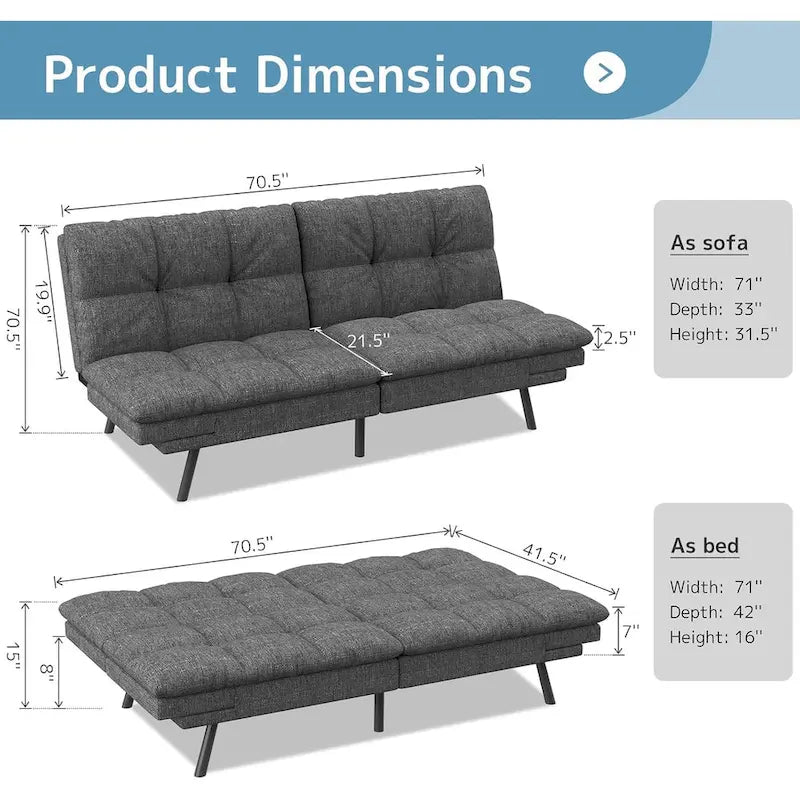 Canapé-lit futon en polyester gris noir/foncé/tissu avec accoudoirs réglables pour 2 personnes