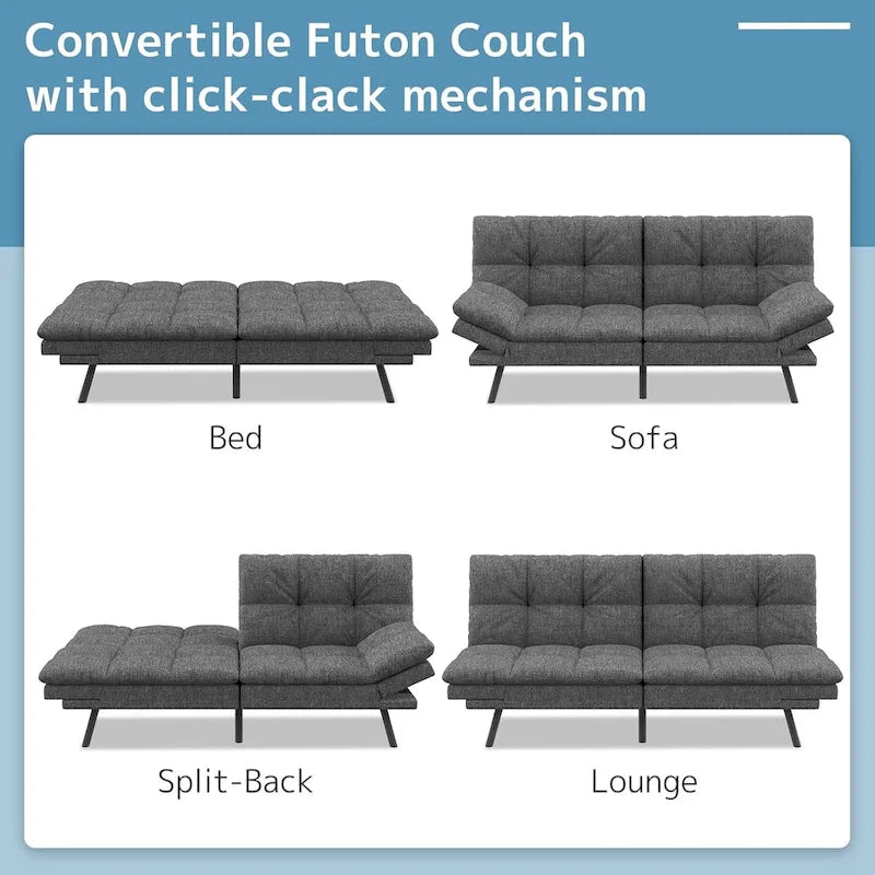 Canapé-lit futon en polyester gris noir/foncé/tissu avec accoudoirs réglables pour 2 personnes