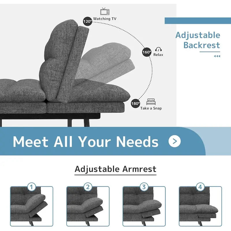 Canapé-lit futon en polyester gris noir/foncé/tissu avec accoudoirs réglables pour 2 personnes
