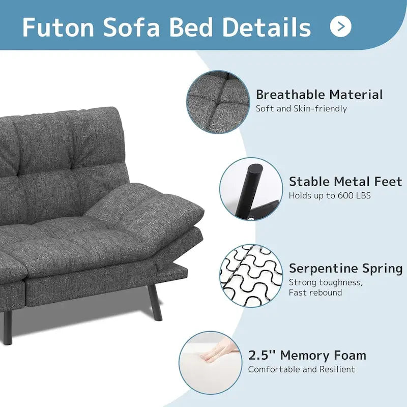 Canapé-lit futon en polyester gris noir/foncé/tissu avec accoudoirs réglables pour 2 personnes