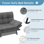Canapé-lit futon en polyester gris noir/foncé/tissu avec accoudoirs réglables pour 2 personnes