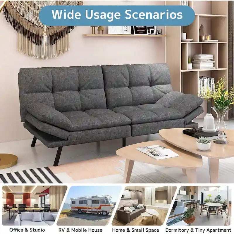 Canapé-lit futon en polyester gris noir/foncé/tissu avec accoudoirs réglables pour 2 personnes