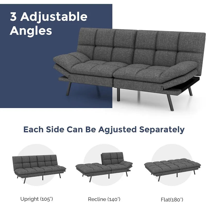 Canapé-lit futon en polyester gris noir/foncé/tissu avec accoudoirs réglables pour 2 personnes