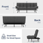 Canapé-lit futon en polyester gris noir/foncé/tissu avec accoudoirs réglables pour 2 personnes