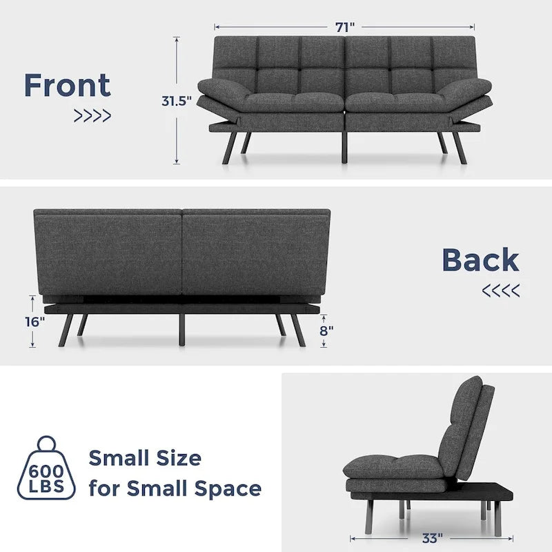 Canapé-lit futon en polyester gris noir/foncé/tissu avec accoudoirs réglables pour 2 personnes