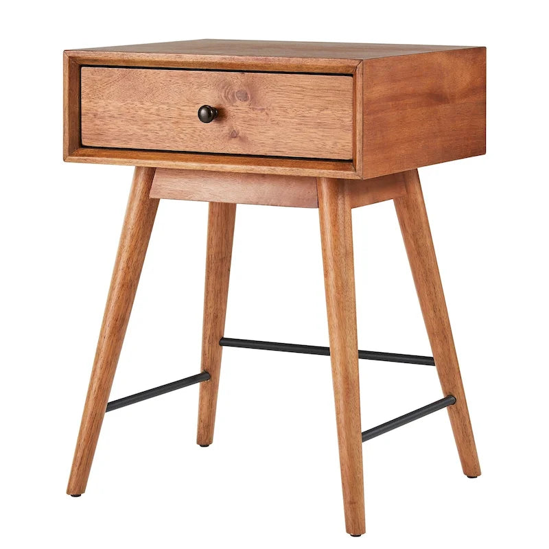 Table d'appoint à 1 tiroir style Mid-Century – Marron / Noyer foncé, Bois et métal, Utilisation individuelle