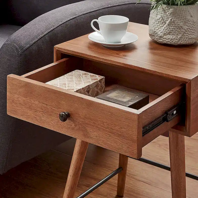 Table d'appoint à 1 tiroir style Mid-Century – Marron / Noyer foncé, Bois et métal, Utilisation individuelle