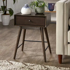Table d'appoint à 1 tiroir style Mid-Century – Marron / Noyer foncé, Bois et métal, Utilisation individuelle