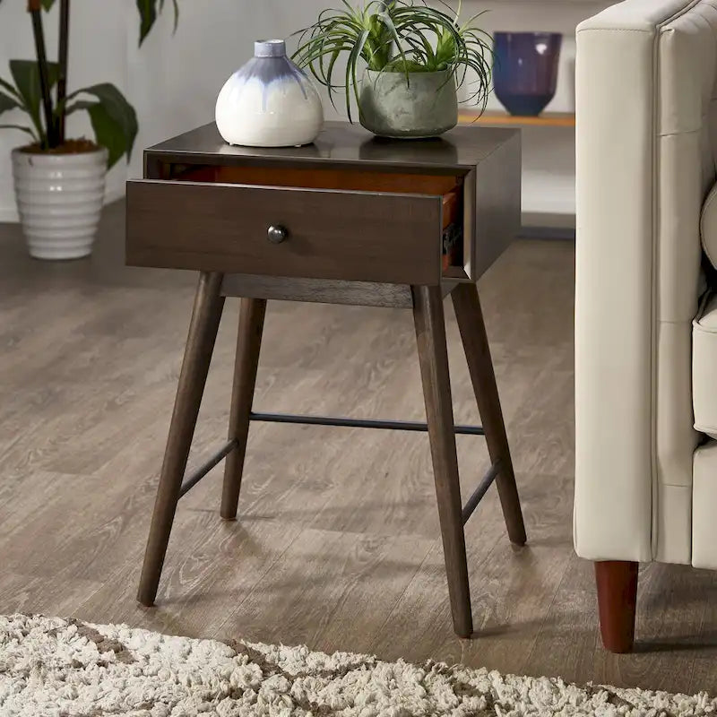 Table d'appoint à 1 tiroir style Mid-Century – Marron / Noyer foncé, Bois et métal, Utilisation individuelle