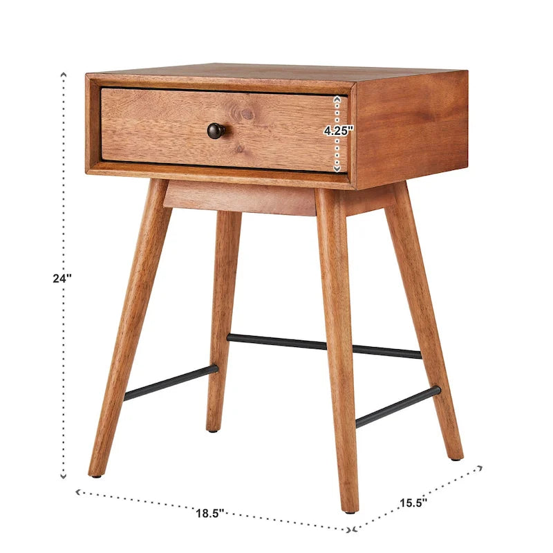 Table d'appoint à 1 tiroir style Mid-Century – Marron / Noyer foncé, Bois et métal, Utilisation individuelle