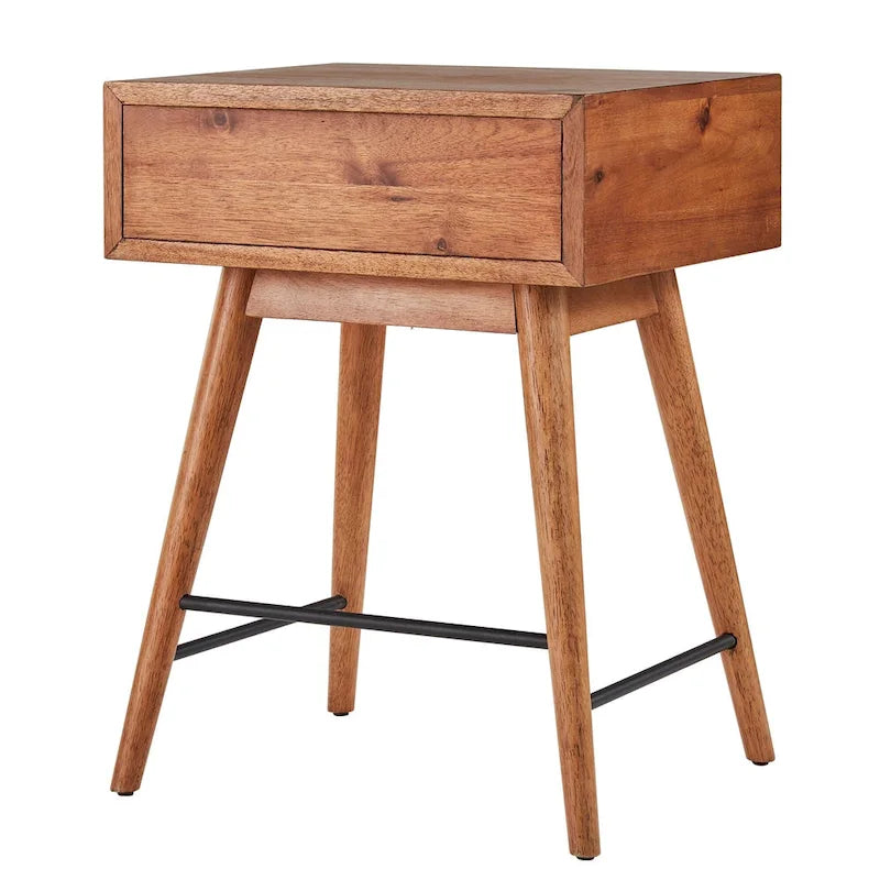 Table d'appoint à 1 tiroir style Mid-Century – Marron / Noyer foncé, Bois et métal, Utilisation individuelle