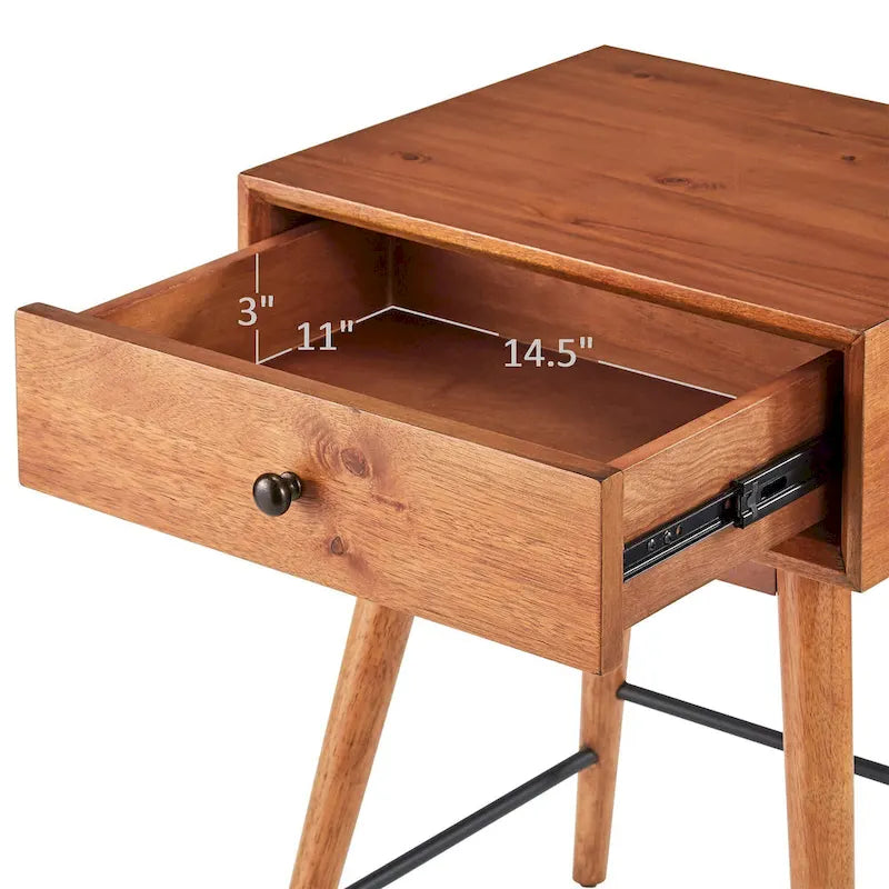 Table d'appoint à 1 tiroir style Mid-Century – Marron / Noyer foncé, Bois et métal, Utilisation individuelle