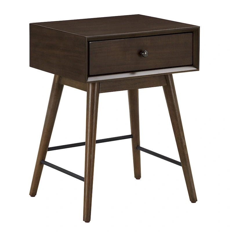 Table d'appoint à 1 tiroir style Mid-Century – Marron / Noyer foncé, Bois et métal, Utilisation individuelle
