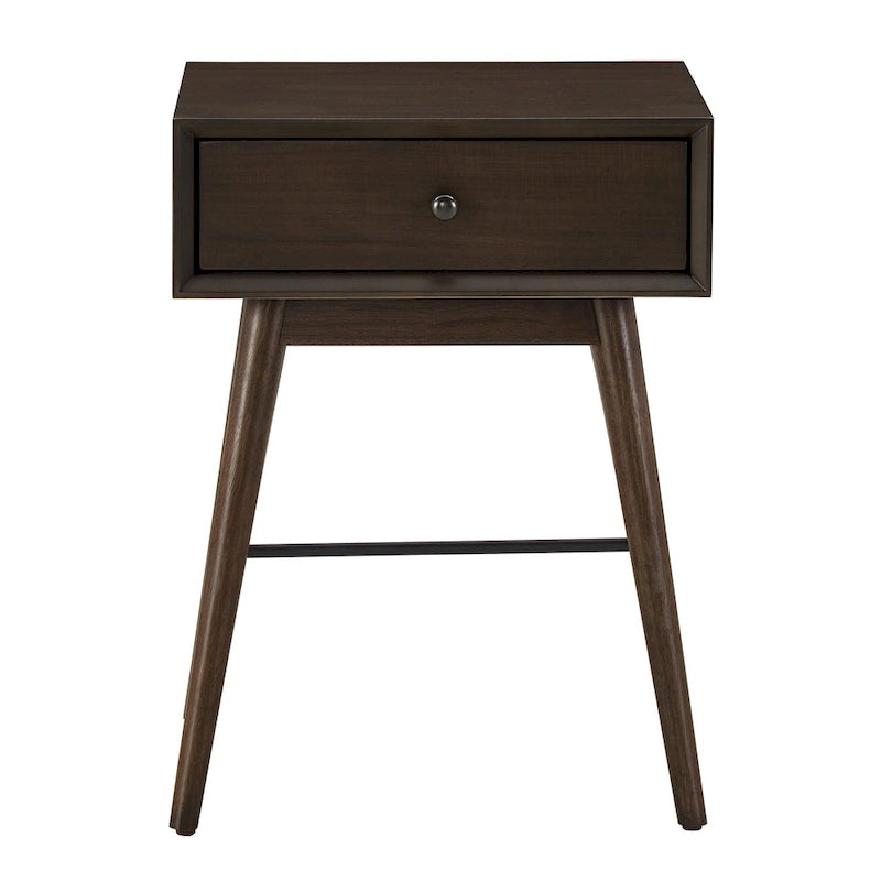 Table d'appoint à 1 tiroir style Mid-Century – Marron / Noyer foncé, Bois et métal, Utilisation individuelle