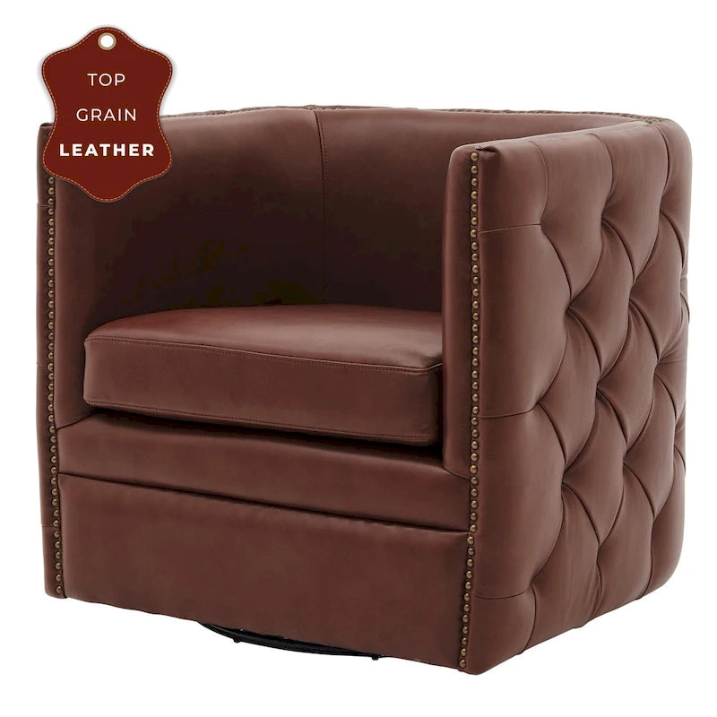 Fauteuil d'appoint pivotant capitonné en cuir pleine fleur crème/marron pour 1 personne
