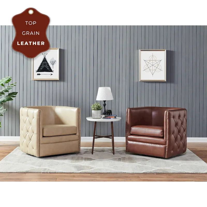 Fauteuil d'appoint pivotant capitonné en cuir pleine fleur crème/marron pour 1 personne