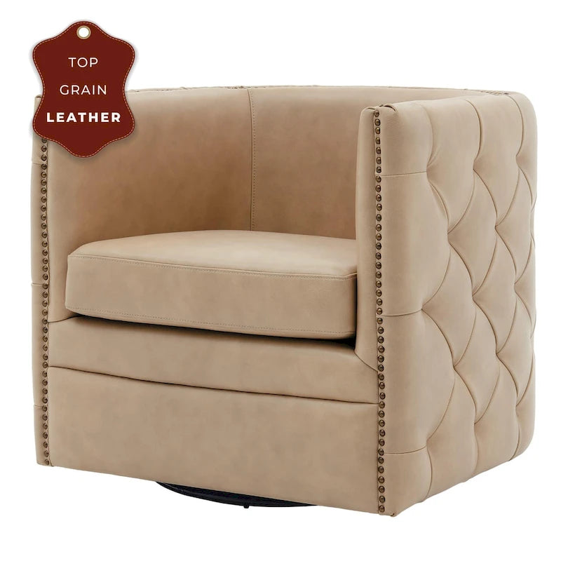 Fauteuil d'appoint pivotant capitonné en cuir pleine fleur crème/marron pour 1 personne