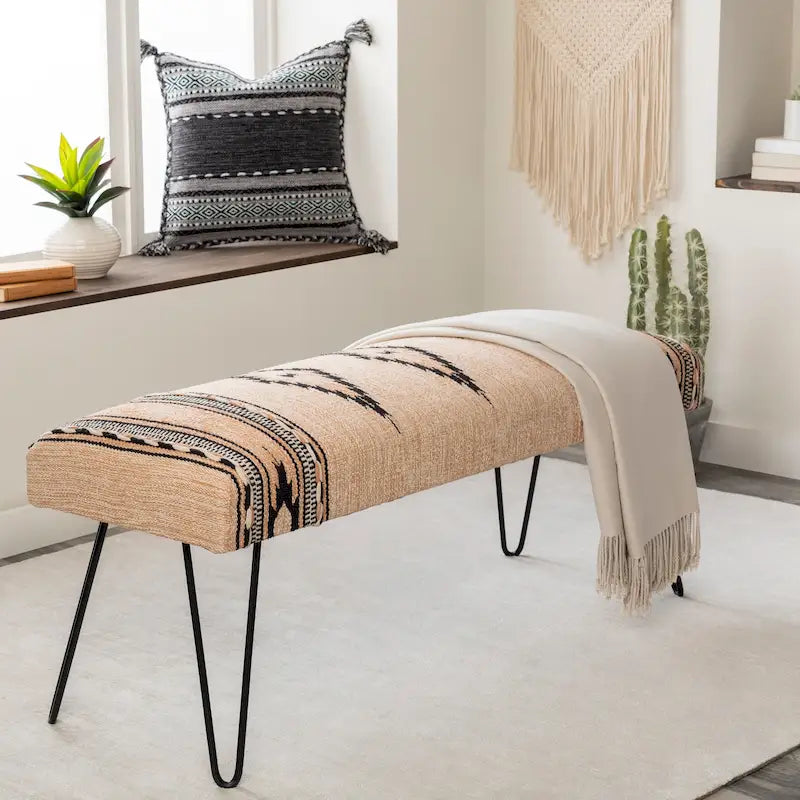 Banc 1 place en tissu aztèque crème et bleu foncé avec pieds épingles à cheveux