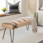 Banc 1 place en tissu aztèque crème et bleu foncé avec pieds épingles à cheveux