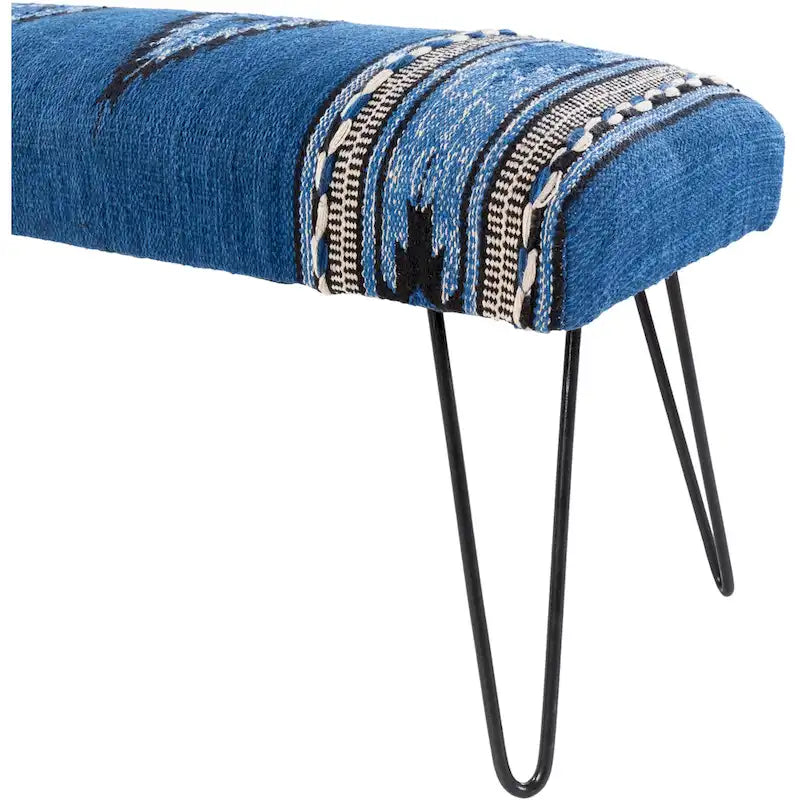 Banc 1 place en tissu aztèque crème et bleu foncé avec pieds épingles à cheveux