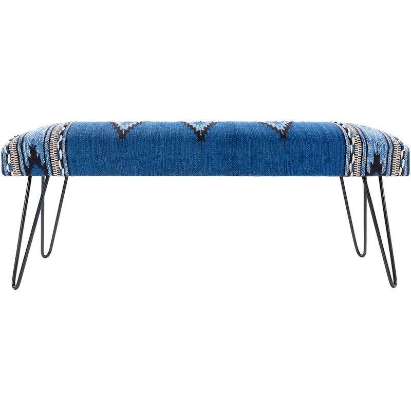 Banc 1 place en tissu aztèque crème et bleu foncé avec pieds épingles à cheveux