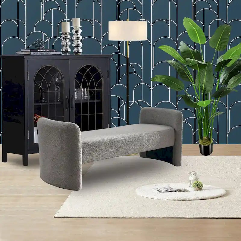 Banc rembourré moderne en forme de H, couleur gris ours en peluche / ivoire / noir, pour 1 personne