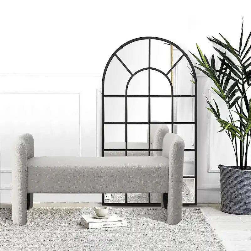 Banc rembourré moderne en forme de H, couleur gris ours en peluche / ivoire / noir, pour 1 personne