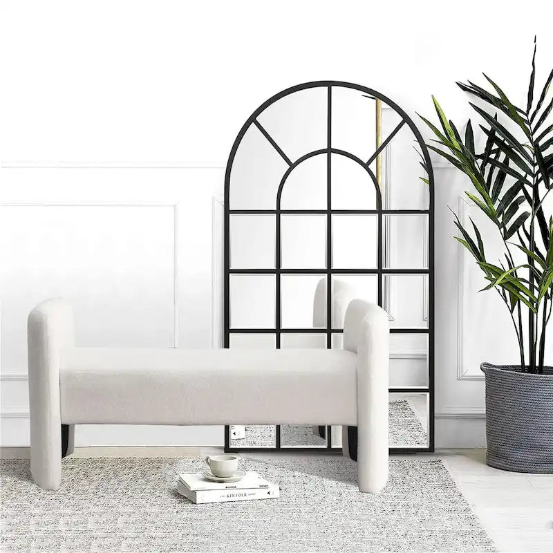 Banc rembourré moderne en forme de H, couleur gris ours en peluche / ivoire / noir, pour 1 personne