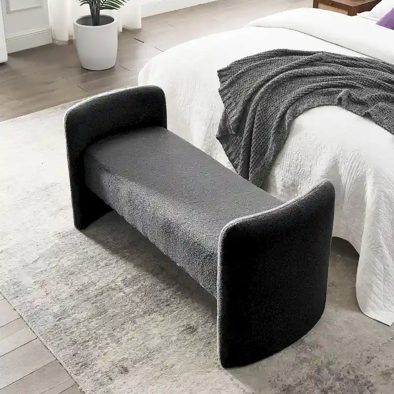 Banc rembourré moderne en forme de H, couleur gris ours en peluche / ivoire / noir, pour 1 personne