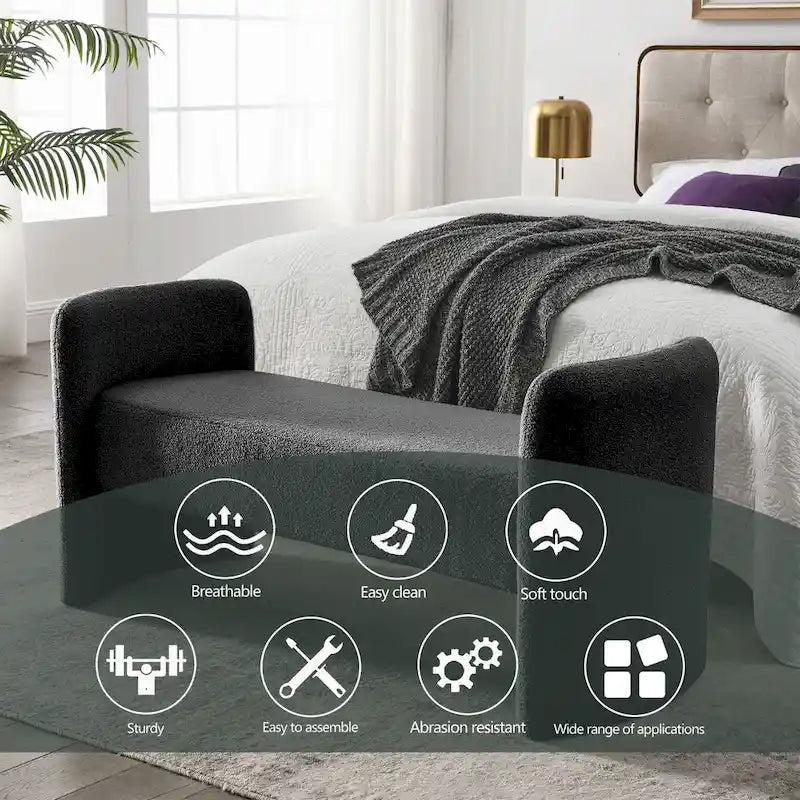 Banc rembourré moderne en forme de H, couleur gris ours en peluche / ivoire / noir, pour 1 personne
