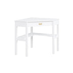 Bureau d'angle style campagne gris/blanc avec tablette coulissante pour clavier, étagères ouvertes et passe-câbles pour 1