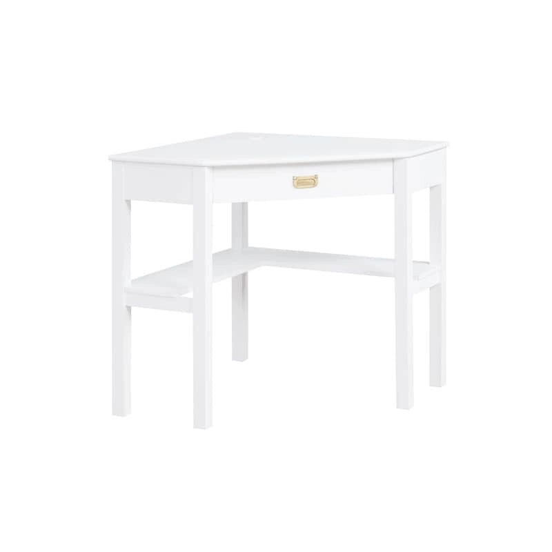 Bureau d'angle style campagne gris/blanc avec tablette coulissante pour clavier, étagères ouvertes et passe-câbles pour 1