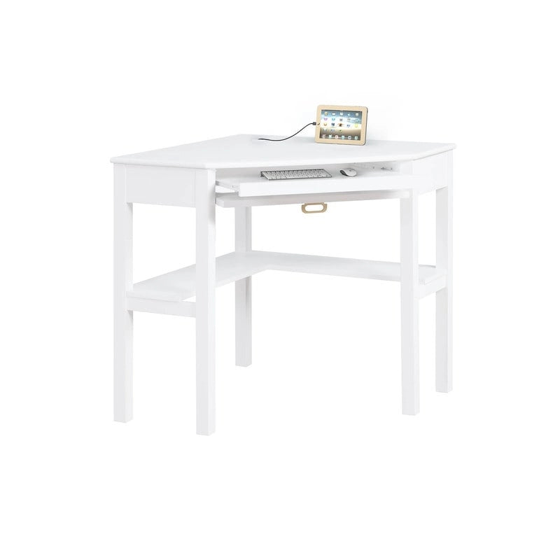 Bureau d'angle style campagne gris/blanc avec tablette coulissante pour clavier, étagères ouvertes et passe-câbles pour 1