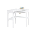 Bureau d'angle style campagne gris/blanc avec tablette coulissante pour clavier, étagères ouvertes et passe-câbles pour 1