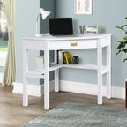 Bureau d'angle style campagne gris/blanc avec tablette coulissante pour clavier, étagères ouvertes et passe-câbles pour 1