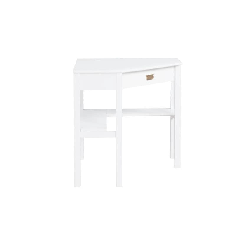 Bureau d'angle style campagne gris/blanc avec tablette coulissante pour clavier, étagères ouvertes et passe-câbles pour 1