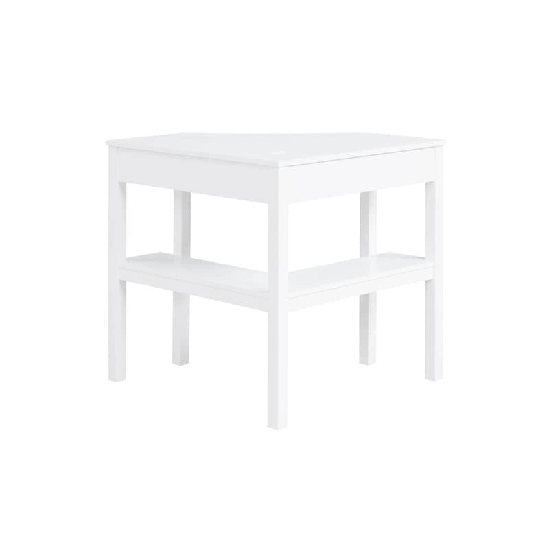 Bureau d'angle style campagne gris/blanc avec tablette coulissante pour clavier, étagères ouvertes et passe-câbles pour 1