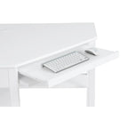 Bureau d'angle style campagne gris/blanc avec tablette coulissante pour clavier, étagères ouvertes et passe-câbles pour 1