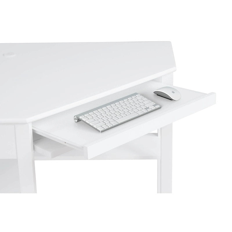 Bureau d'angle style campagne gris/blanc avec tablette coulissante pour clavier, étagères ouvertes et passe-câbles pour 1