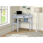 Bureau d'angle style campagne gris/blanc avec tablette coulissante pour clavier, étagères ouvertes et passe-câbles pour 1