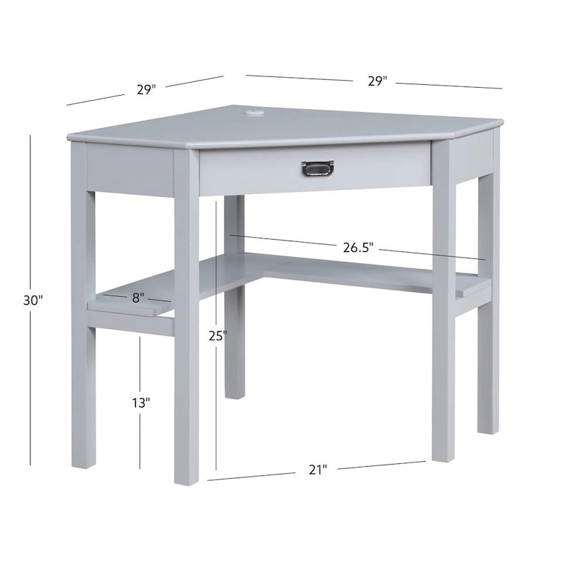 Bureau d'angle style campagne gris/blanc avec tablette coulissante pour clavier, étagères ouvertes et passe-câbles pour 1