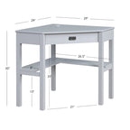 Bureau d'angle style campagne gris/blanc avec tablette coulissante pour clavier, étagères ouvertes et passe-câbles pour 1