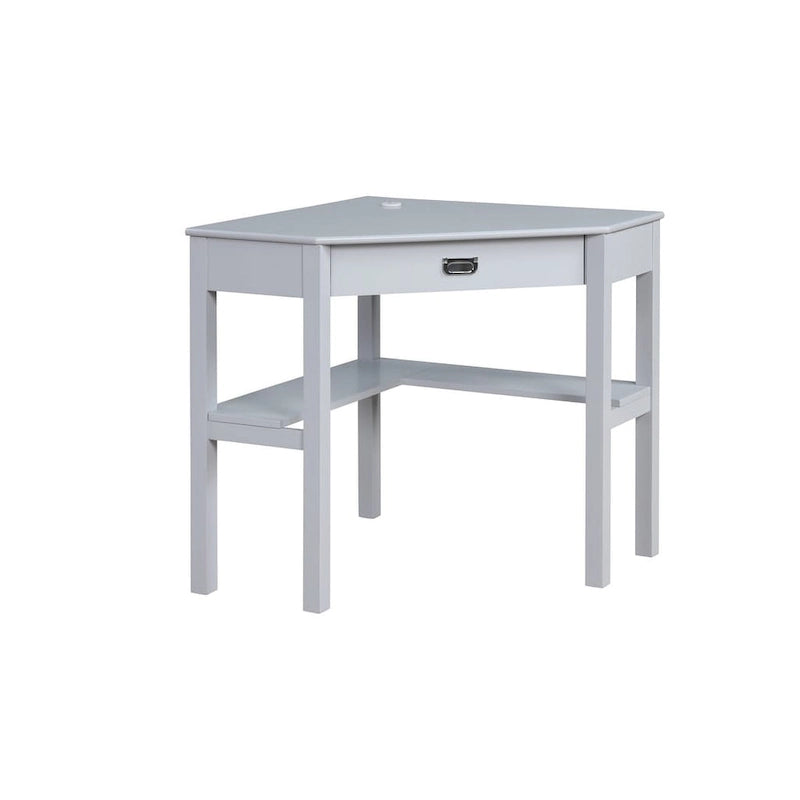 Bureau d'angle style campagne gris/blanc avec tablette coulissante pour clavier, étagères ouvertes et passe-câbles pour 1