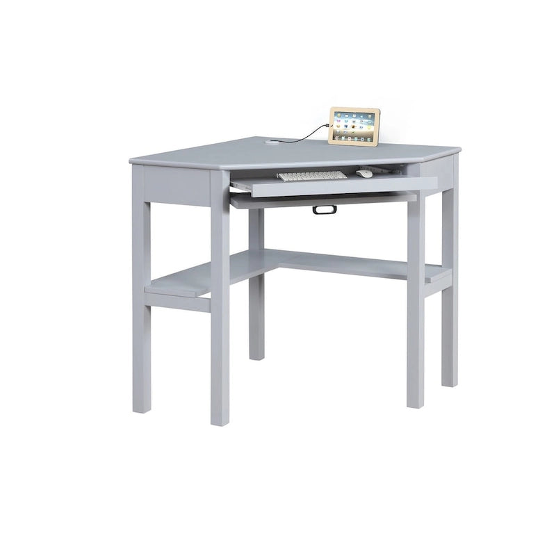 Bureau d'angle style campagne gris/blanc avec tablette coulissante pour clavier, étagères ouvertes et passe-câbles pour 1